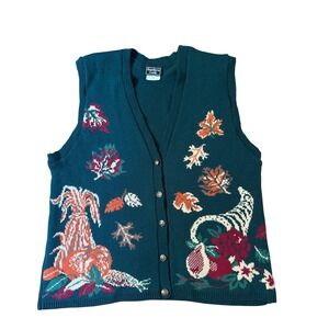 Southern Lady Sweater Vest Women Green Vintage Harvest Fall Leaves SIZE M